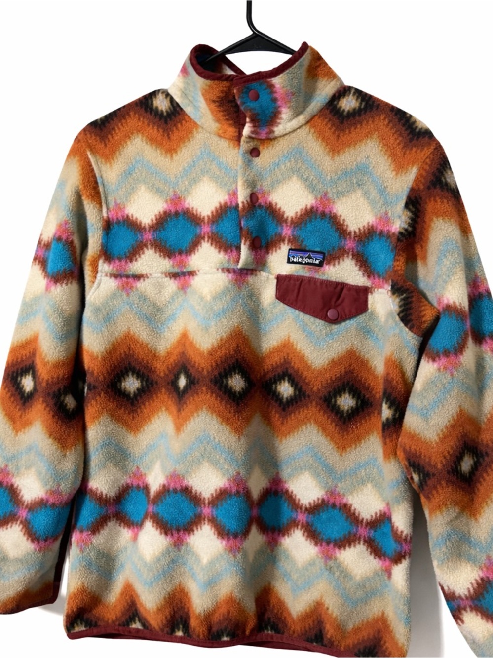 Patagonia Multicolor Aztec Pattern Snap-T Fleece Pullover — Teal, Rust, Cream